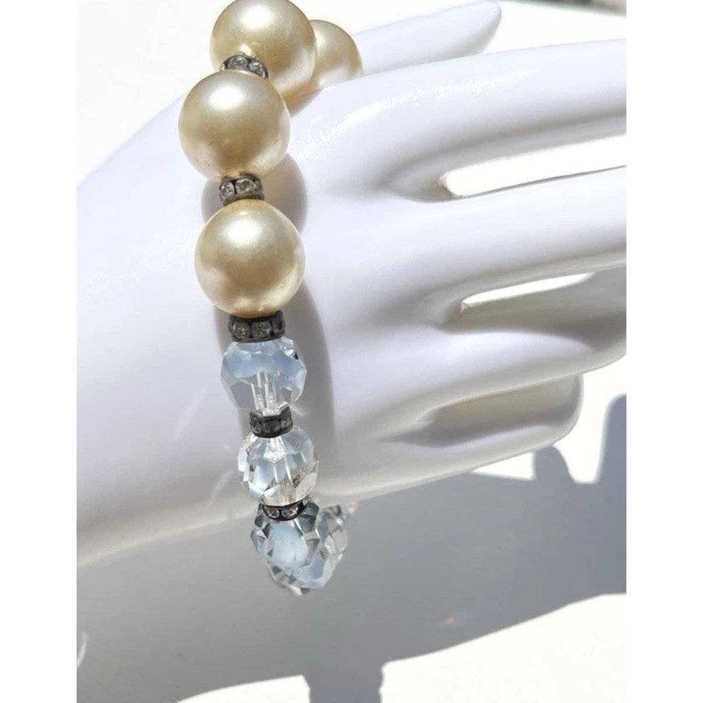 Vintage Pearl Aurora Borealis Glass Stretch White Stones Bracelet Estate Sz 75 24$